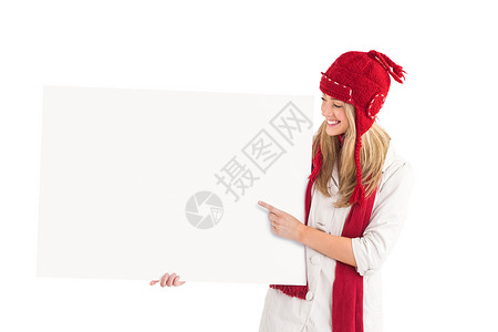 展示白海报的金发美女保暖衣物快乐服装休闲金发女郎开襟衫帽子广告女性背景图片