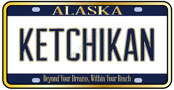 斯凯奇阿拉斯加州车牌模型与城市 Ketchika插画