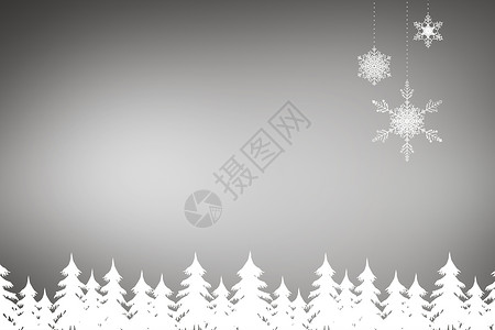 Fir树林和雪花的复合图像森林绘图计算机下雪树木插图灰色背景图片