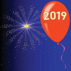 2019年新年快乐卡片派对标签焰火艺术丝带气球插图展示绘画背景图片
