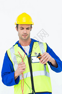 电工衣配有钳子的电动剪接线金属安全修理工反光衣电工技术工作服黄色蓝色男性背景