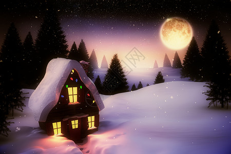 满月在雪地和房子之上背景图片