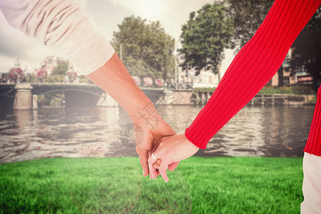 情侣握手后视图的复合图像夫妻情人浪漫城市妻子绘图阳光计算机亲密感婚姻背景图片