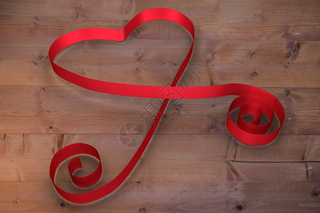 心脏形状的大红丝带灰色红色情人木头木板剥离计算机绘图背景图片