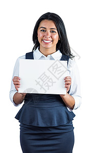 带着一张白纸的快乐女人空白棕色广告头发微笑工作室女士软垫记事本床单背景图片