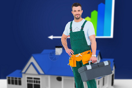 带工具箱的微笑木匠综合图像能源地板工人扳手职业效率工艺人维修体力劳动房子背景图片