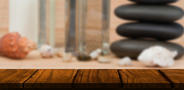 木制办公桌复合图像香薰疗法温泉平衡桌子冥想石头美容背景图片