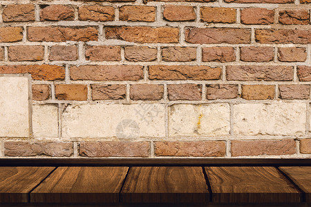 木制办公桌复合图像曲线红砖弯曲桌子背景图片