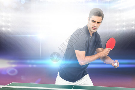 反手充满自信的男性运动员打桌球网球综合形象爱好计算机体育场乒乓球聚光灯帖子绘图球拍运动耐力背景