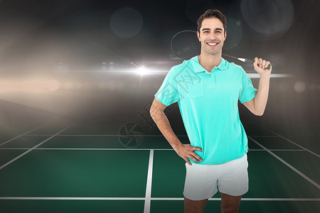 羽毛球网羽毛球玩家的复合图像 用手站在臀部男性球拍活动闲暇播放器运动服快乐运动专注爱好背景