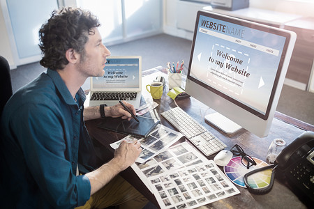 建筑网站接口复合图像综合图象的合成图象科技屏幕男性老鼠平板触摸屏电脑显示器旋转椅办公室桌子背景图片