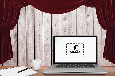 虚拟服务台图像的复合图象展示影像木头灰色电脑红色数码木板窗帘背景图片