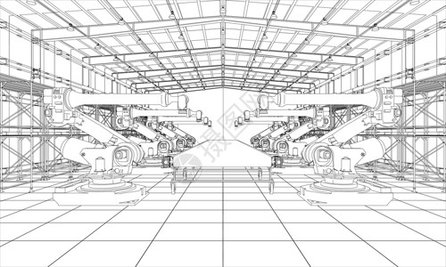 具有工业机器人操纵器的工厂力学工业草图商业科学生产衣架仓库技术蓝图设计图片