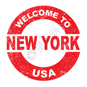 橡胶墨水印章 欢迎来到美国纽约绘画插图艺术邮票垃圾艺术品红色背景图片