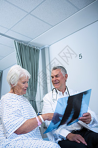 医生与高级病人讨论X光报告老年诊所医疗病号女士药物治疗卫生器材童年服务背景图片