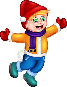 快乐的男孩在黄色夹克和红色的帽子 而圣诞节卡通背景图片