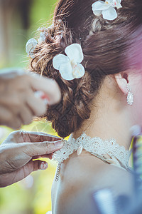 漂亮的蕾丝领面料美丽女孩新娘织物衣领蕾丝白色婚礼女士背景图片