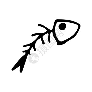 黑色和白色涂鸦素描 有头的鱼骨架草图插图绘画尾巴骨头背景图片