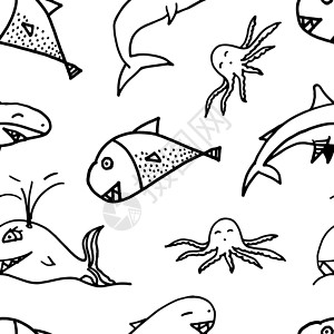 黑色和白色海无缝模式章鱼白色鲨鱼海洋背景图片