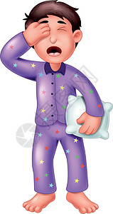 穿着紫色睡衣抱着白色枕头卡通片的困男孩背景图片