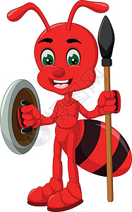 拿着矛和盾的红蚂蚁卡通插画
