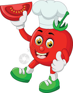 戴厨师帽的番茄有趣的红色番茄戴白色厨师帽和绿色鞋子卡通插画