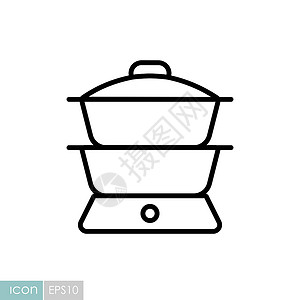 中西双厨双锅炉矢量图标 厨电厨具炊具平底锅蒸汽饮食汽船家庭烹饪插图美食插画