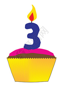 蜡烛杯带有3号蜡烛的杯蛋糕庆典插图粉色棕色绘画生日艺术小吃糖果甜点插画