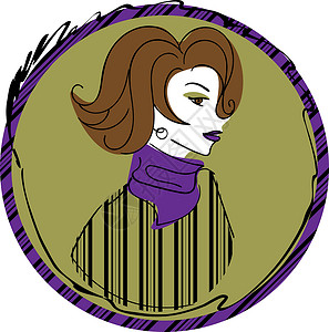 围巾女孩穿着条纹毛衣和紫罗兰色疤痕的波浪短发的复古女人设计图片