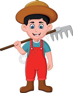 大裤叉酷农夫男子在红色连身衣持有地面叉卡通插画