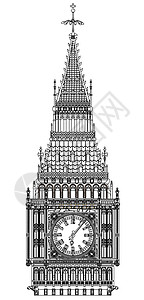 英国钟楼大本班线绘图钟楼白色时间插图时间片钟声绘画艺术艺术品时代插画