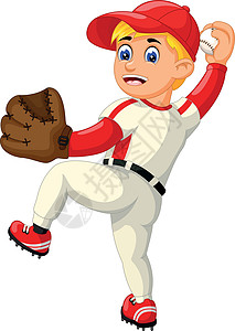 酷棒球投手男孩在红色白色制服与棕色棒球手套卡通插画
