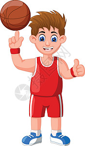 穿休闲服的甜美女性与篮球篮球运动员男孩穿着红色制服与棕色球卡通插画