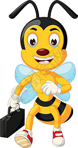 手提箱乐趣可爱的黄色蜜蜂与黑色手提箱卡通插画