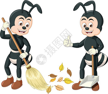 两只黑蚂蚁用扫帚和畚箕卡通扫树叶高清图片