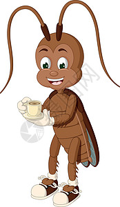 有趣的棕色蟑螂拿着白杯咖啡卡通图片