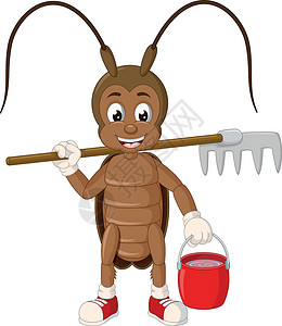 红叉棕色蟑螂与地叉和红桶卡通插画