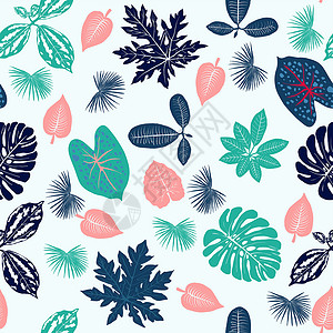 鲍鱼鹅掌热带植物叶子无缝模式插画