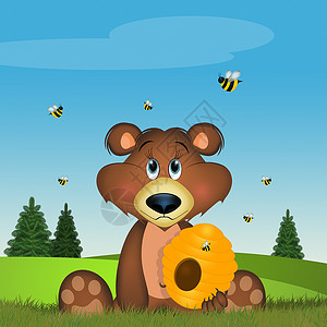 蜂蜜熊素材棕熊在森林中蜜蜂插图松树卡通片快乐森林昆虫蜂蜜哺乳动物动物背景