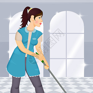 清洁公司的女职工人数女性工作服务女孩刷子插图眼镜管家地面主妇背景图片