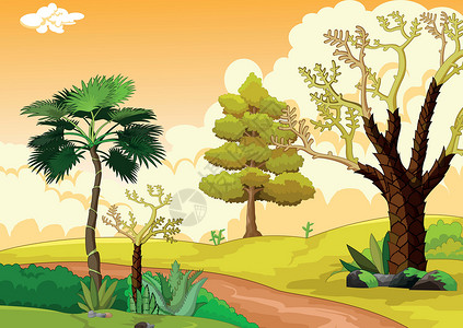 美丽的风景草地景观与树木卡通雨林植物孩子们人物吉祥物爬坡叶子卡通片热带场地背景图片