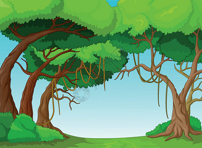 森林景观与树木卡通绿色爬坡小孩卡通片岩石植物棕色漫画热带快乐背景图片