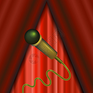 红色窗帘背景上孤立的复古金色麦克风图标嗓音演讲娱乐音乐体积人声技术收音机展示爵士乐背景图片