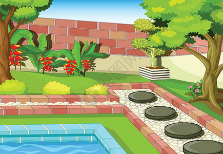 游泳池下砖块后院景观与树木卡通插画