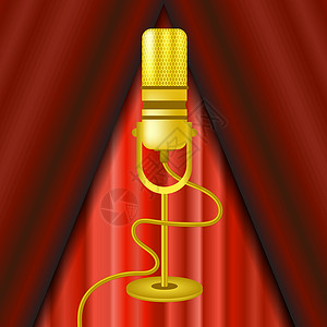 红色窗帘背景上孤立的复古金色麦克风图标岩石演讲播客居住嗓音音乐会展示技术金属收音机背景图片
