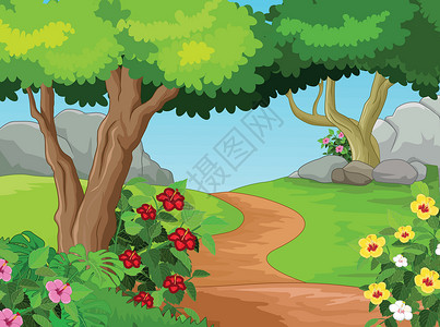 美丽的森林景观与常春藤花卡通热带森林人物卡通漫画蓝色孩子们爬坡乐趣植物背景图片