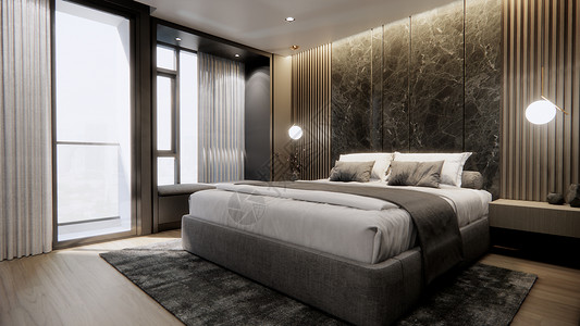 现代豪华卧室的内部有双人床和大理石 wall3D 渲染背景图片