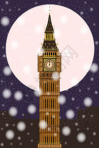 圣诞夜伦敦天气下雪绘画插图艺术品地标满月钟楼罢工艺术背景图片