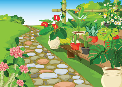 景观草地与常春藤植物和花卉卡通背景图片