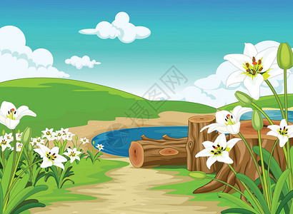 普什卡湖卡图湖附近有白色常春藤花的景观草地山景插画